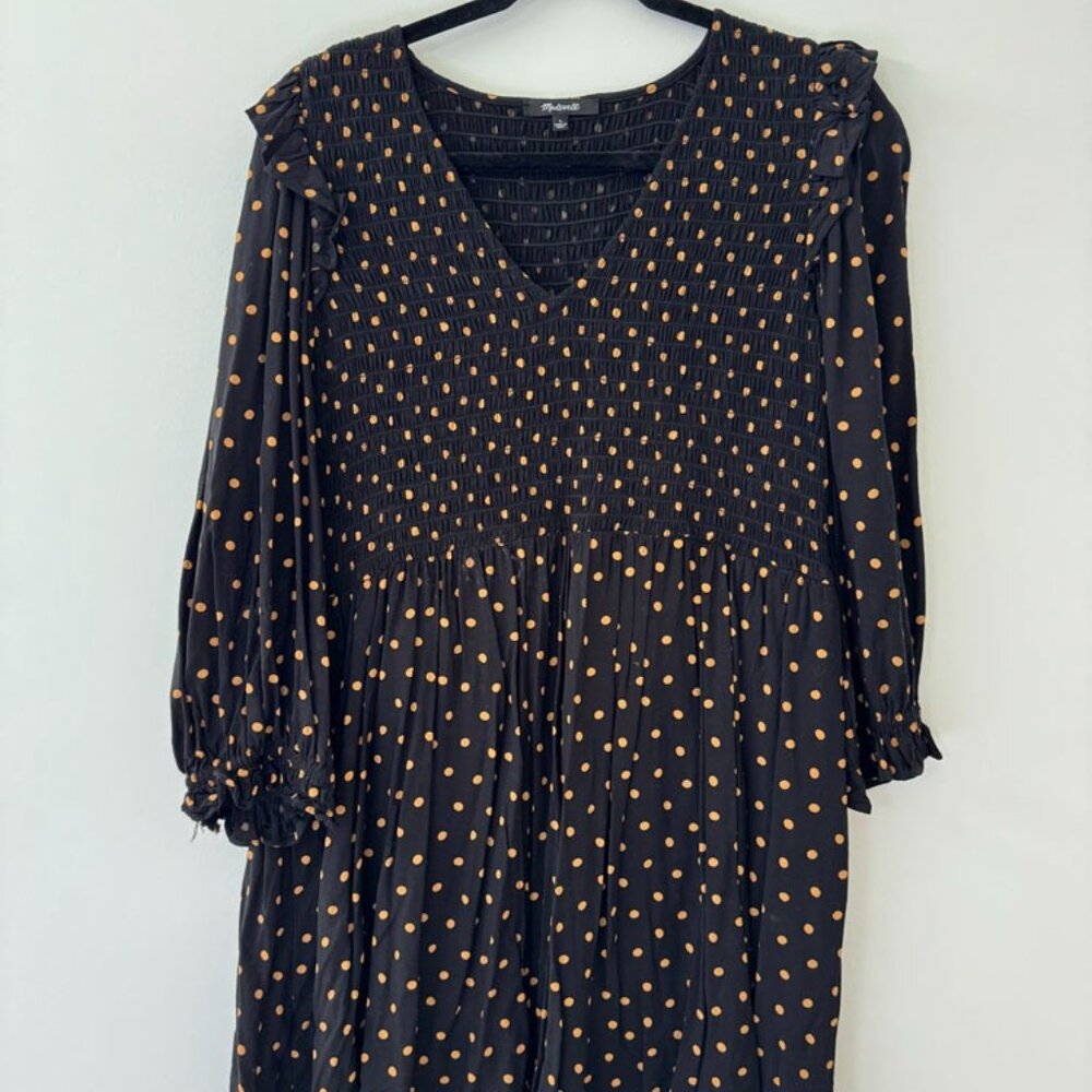 Madewell Long Sleeved Smocked Top Mini Dress with Polka Dot Pattern